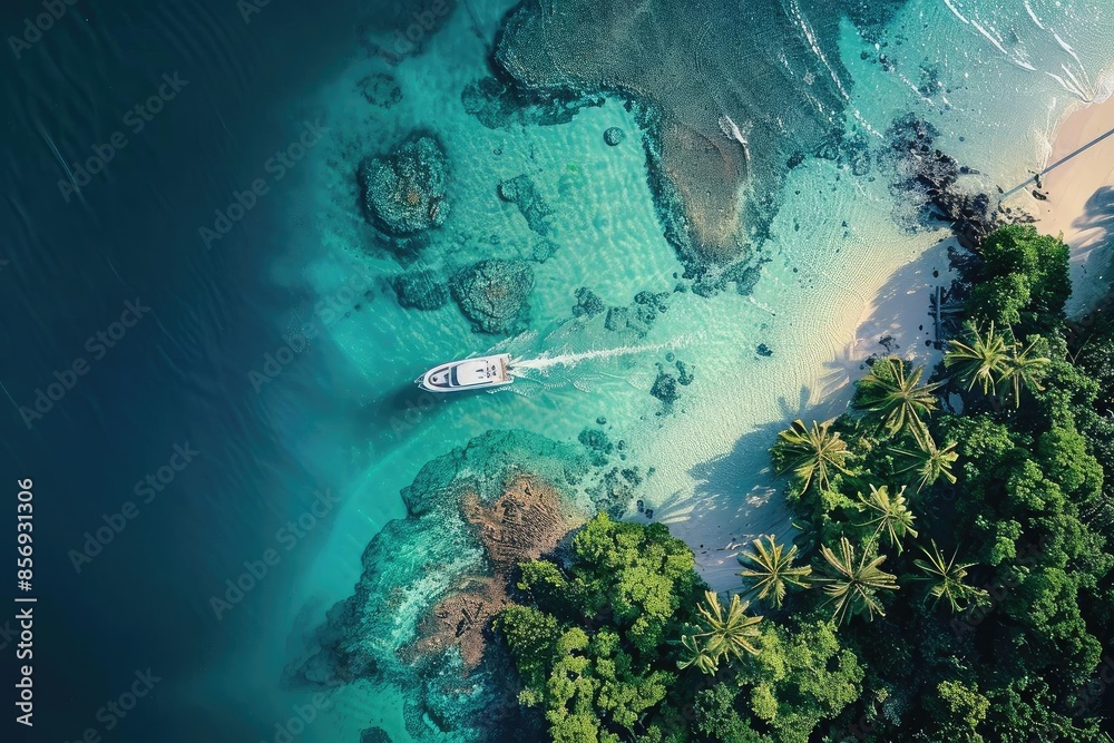 Wall mural Aerial view of a boat navigating through clear turquoise waters near a tropical island with lush greenery and coral reefs. - Wall murals