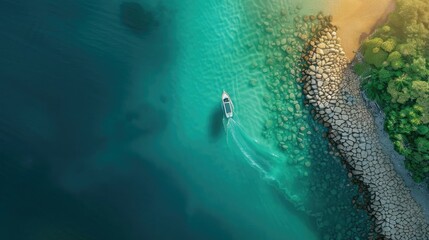Fototapeta premium Aerial view of a boat navigating through clear turquoise waters near a rocky shoreline and lush green forest.