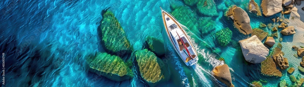 Poster aerial view of a boat sailing through crystal clear blue waters with large rocks visible beneath the