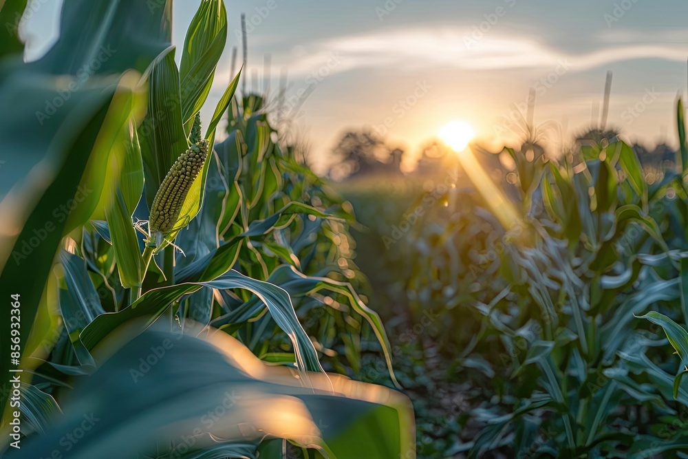 Poster sun sets over a verdant cornfield, casting a warm glow across the corn stalks, creating a serene and