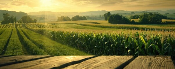 Scenic view of a vibrant green cornfield at sunrise, with a wooden deck in the foreground and rolling hills in the distance.