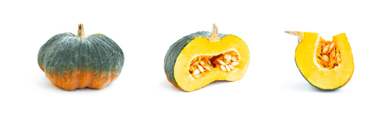 Fresh pumpkin with cut in half  isolated on white background, Green pumpkin