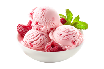 Scoops of sweet and creamy raspberry flavored pink ice cream isolated on white transparent background