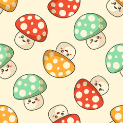 Cartoon multi colored agaric mushrooms with black outline and smiling faces. Vector seamless pattern in soft pastel retro colors.