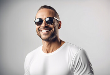 Portrait of happy man in white t-shirt and wearing sunglasses, isolated on white background

