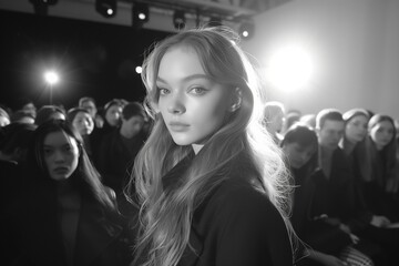 Elegant young woman at a fashion show, black and white photography, stylish audience, spotlight, runway event, model portrait.
