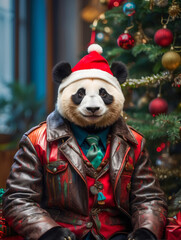 panda with a Santa hat in an artist's leather jacket and a New Year's gift on the background of a Christmas tree.