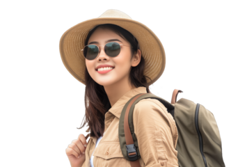 young attractive Asian woman traveler in casual clothes wearing straw hat with backpack isolated on transparent background, Tourist girl having cheerful holiday trip concept