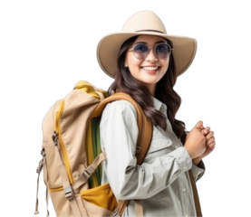 young attractive Asian woman traveler in casual clothes wearing straw hat with backpack isolated on transparent background, Tourist girl having cheerful holiday trip concept