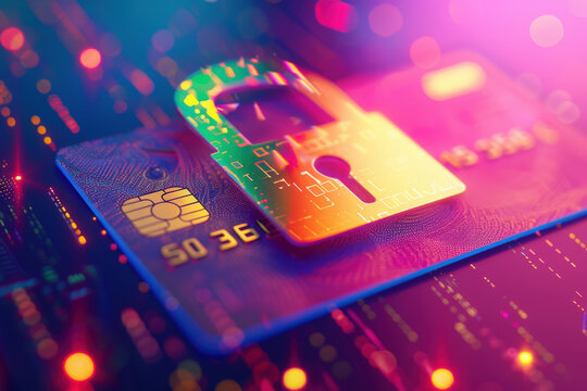 Digital lock is securing a credit card on a circuit board, representing online payment security and fraud prevention