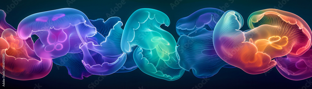Wall mural digital abstract art inspired by jellyfish in vibrant colors, intertwining organic shapes, and fluid