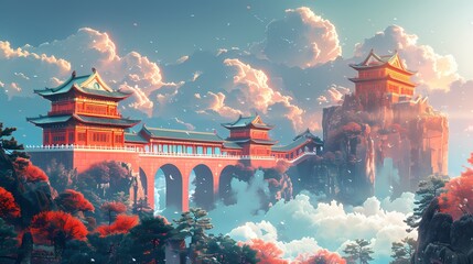 Obraz premium Colorful traditional Chinese ancient architecture illustration poster background