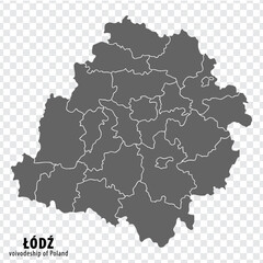 Obraz premium Blank map Lodz Province of Poland. High quality map Lodz Voivodeship with districts on transparent background for your web site design, logo, app, UI. Republic of Poland. EPS10.