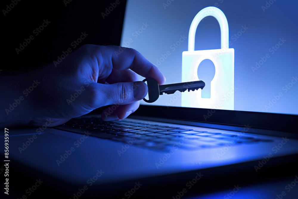 Poster hacker is holding a key in front of a laptop with a security padlock on the screen , stealing data a