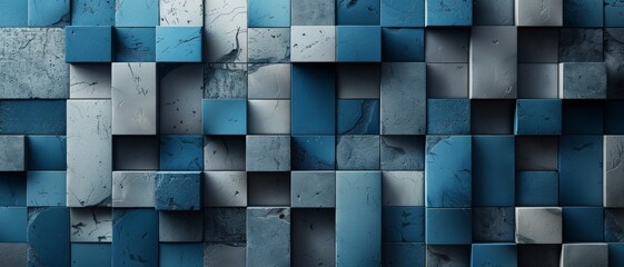 Abstract 3D geometric pattern with gray and blue cubes creating a modern, textured background. Ideal for contemporary designs and digital art.