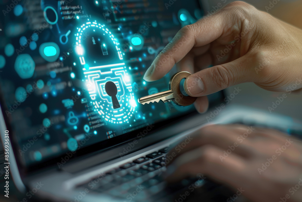 Poster hacker is accessing a secure system using a key and a laptop, stealing data and compromising cyberse