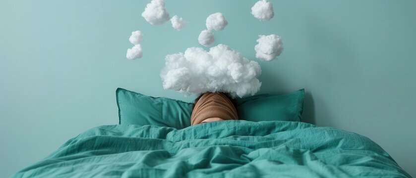 Overthinking Thought bubbles above a persons head, calm teal bedding