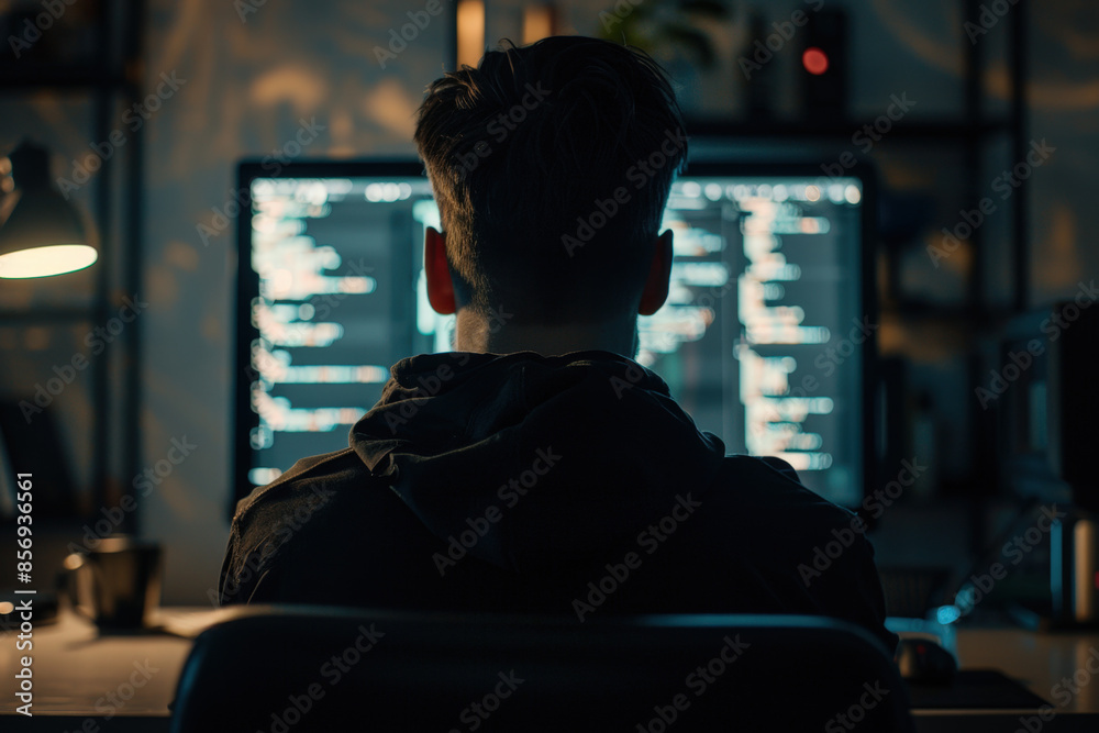 Poster skilled hacker steals data from a server at night, using advanced technology to breach security meas