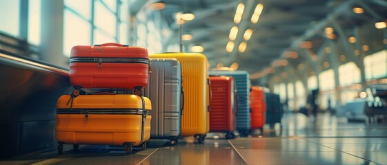 Colorful suitcases lined up in an airport terminal, representing travel, adventure, and the excitement of international journeys.
