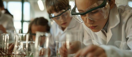 Teacher assisting students with a group science project, collaborative learning, practical education
