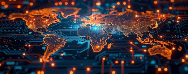 Obraz premium Futuristic world map with glowing connections on a digital interface representing global communication and technology networks.