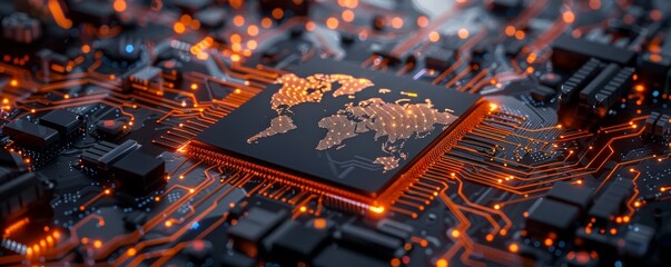 Futuristic microchip with a world map glowing in orange, representing global technology and digital connectivity on a circuit board.