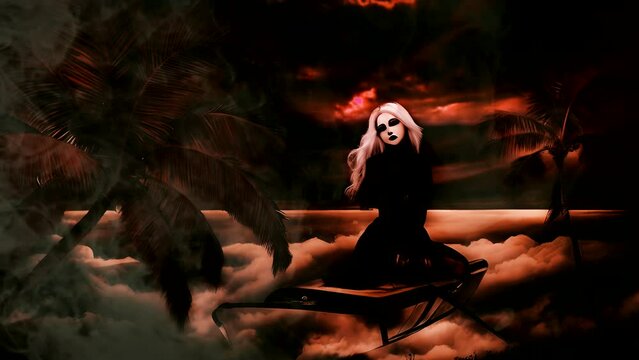 Silhouette of a creepy witch-like woman against a red sky, seamless looping time-lapse animation in 4K