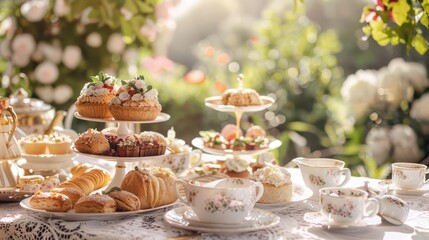 An elegant afternoon tea setup with a tiered tray of assorted pastries and scones