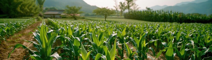 Obraz premium A lush green cornfield with mountains in the background and a clear sky, perfect for agricultural and rural landscape themes.