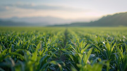 Fototapeta premium A serene view of a lush green field growing crops under a clear sky with mountains in the background, representing agriculture and nature.