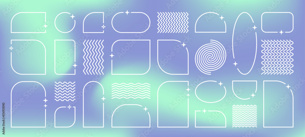 Poster Y2K thin frames, empty borders with sparkles and line patterns, design element set in 2000s aesthetics. Vector illustration.