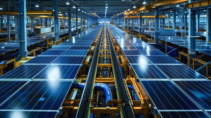 A massive facility with conveyor belts mass-produces high-efficiency solar panels for renewable energy.
