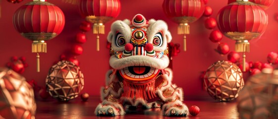Traditional Chinese New Year lion dance figure with red lanterns and festively decorated backdrop symbolizing prosperity and good fortune.