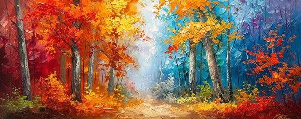 Vibrant autumn forest with colorful foliage, a misty path leading to a serene, calm destination. Perfect for nature, travel, or seasonal themes.