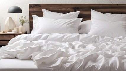 White bedding sheets and pillow background, Messy bed concept. pillow, comfortable, hotel, room, sheet, bed, design, sleep, bedding, blanket, home, decoration, luxury, messy, soft, textile, interior, 