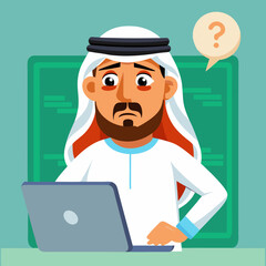 A person looks confused while using a laptop, with a question mark above their head