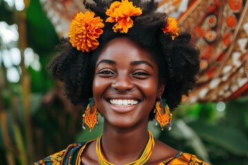 Joyful African Woman with Floral Headpiece and Colorful Traditional Attire Smiling Outdoors
