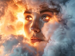 Surreal Woman's Face with Fiery Eyes Surrounded by Glowing Clouds
