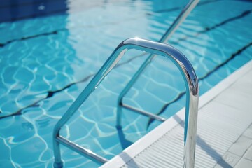 A swimming pool with handrail in the water. Outside view of a sunny day at resort with blue water...