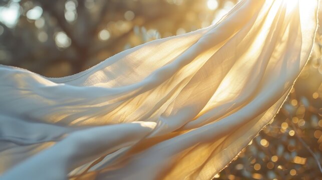 The soft edges of a muslin scarf catching the sunlight as it flutters in the wind.