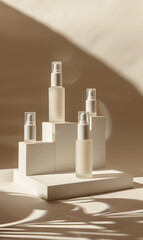 Skin care bottles are placed on the cubes, product showcase setting mockup without labels