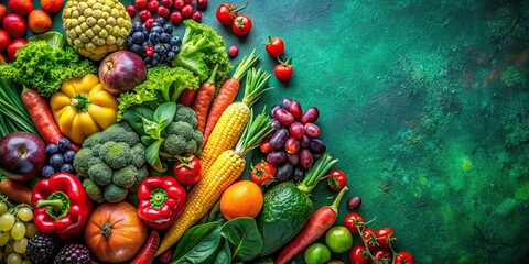 Colorful assortment of fresh fruits, vegetables, and berries on a dark green surface, healthy, vibrant