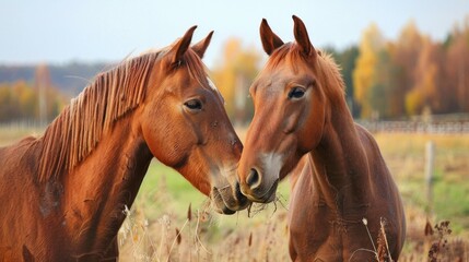 Obraz premium Two brown horses are standing next to each other in a field