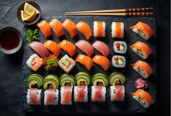 Naklejka premium Japanese Seafood Sushi Set, A Delicious and Authentic Culinary Experience