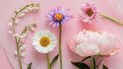 Flat lay of lily of the valley cornflower daisy peony flowers over pastel powder pink