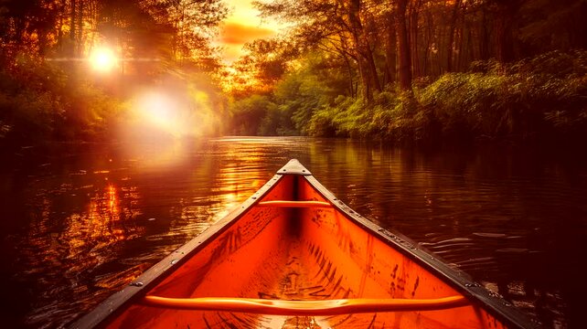 Serene canoe ride on a river surrounded by trees at dusk, seamless looping time-lapse animation in 4K