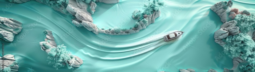 Poster aerial view of a boat navigating through winding turquoise waters surrounded by rocky formations and