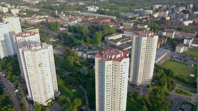 Drone view of buildings at Walenty Rozdzienski Estate called The Stars in Katowice, Poland