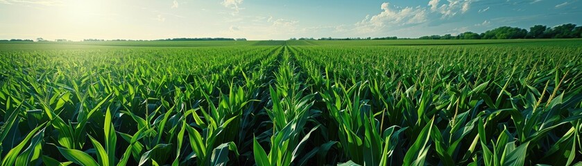 Fototapeta premium Expansive green cornfield under a blue sky with clouds and sunlight. Lush agricultural landscape ideal for farming and crop production visuals.