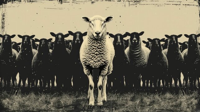 A herd of sheep with one distinct white sheep standing in front, symbolizing uniqueness and individuality amid conformity.